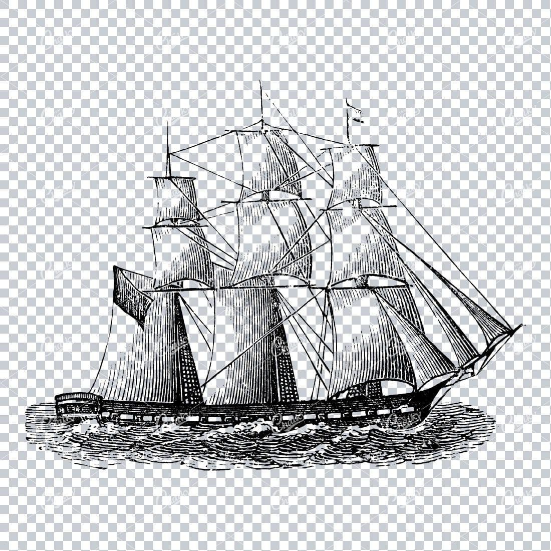 Detailed Illustration of an Old Ship Sailing the Sea No.5