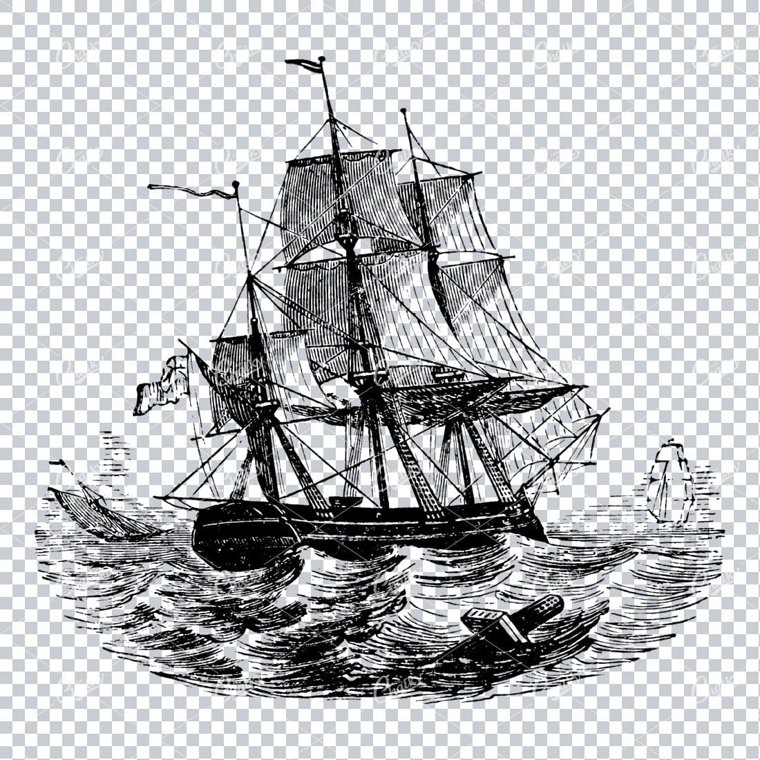 Detailed Illustration of an Old Ship Sailing the Sea No.7
