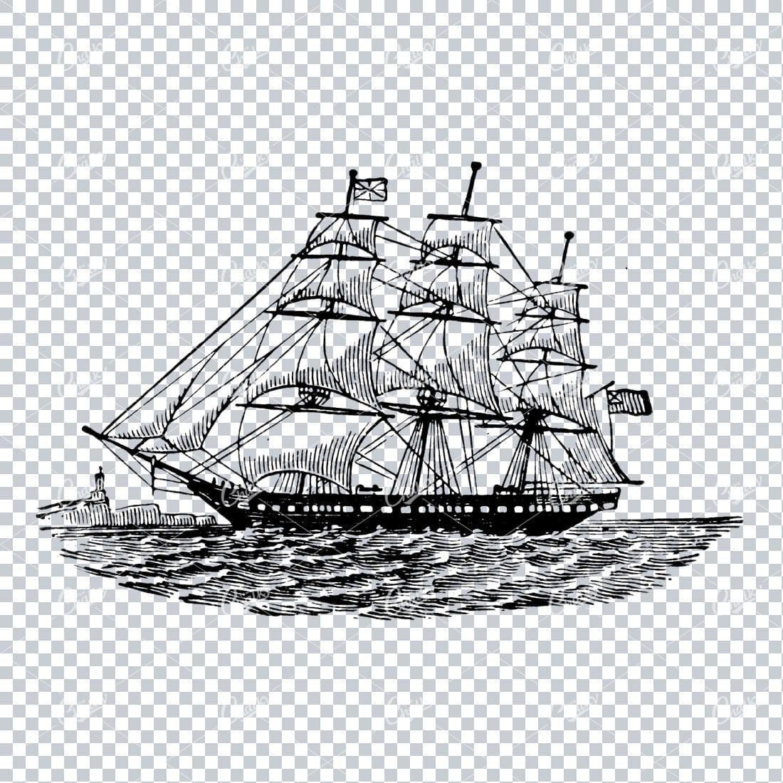 Detailed Illustration of an Old Ship Sailing the Sea No.9