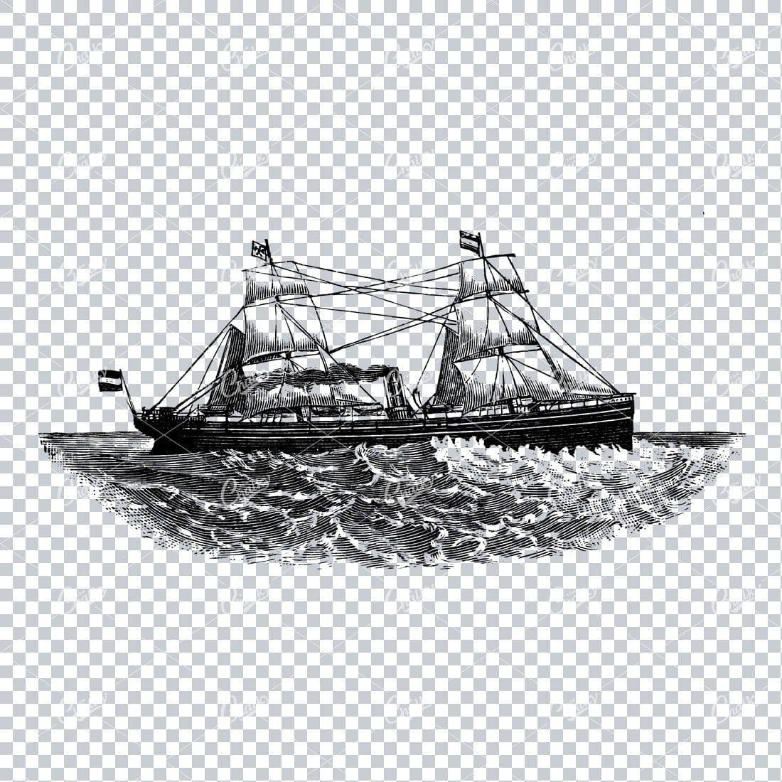 Detailed Illustration of an Old Ship Sailing the Sea No.10