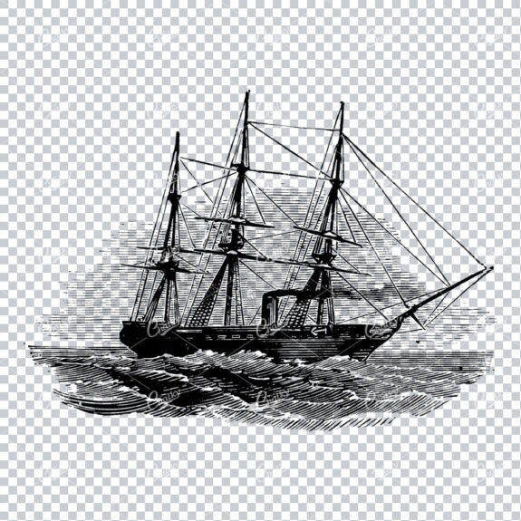 Detailed Illustration of an Old Ship Sailing the Sea No.11