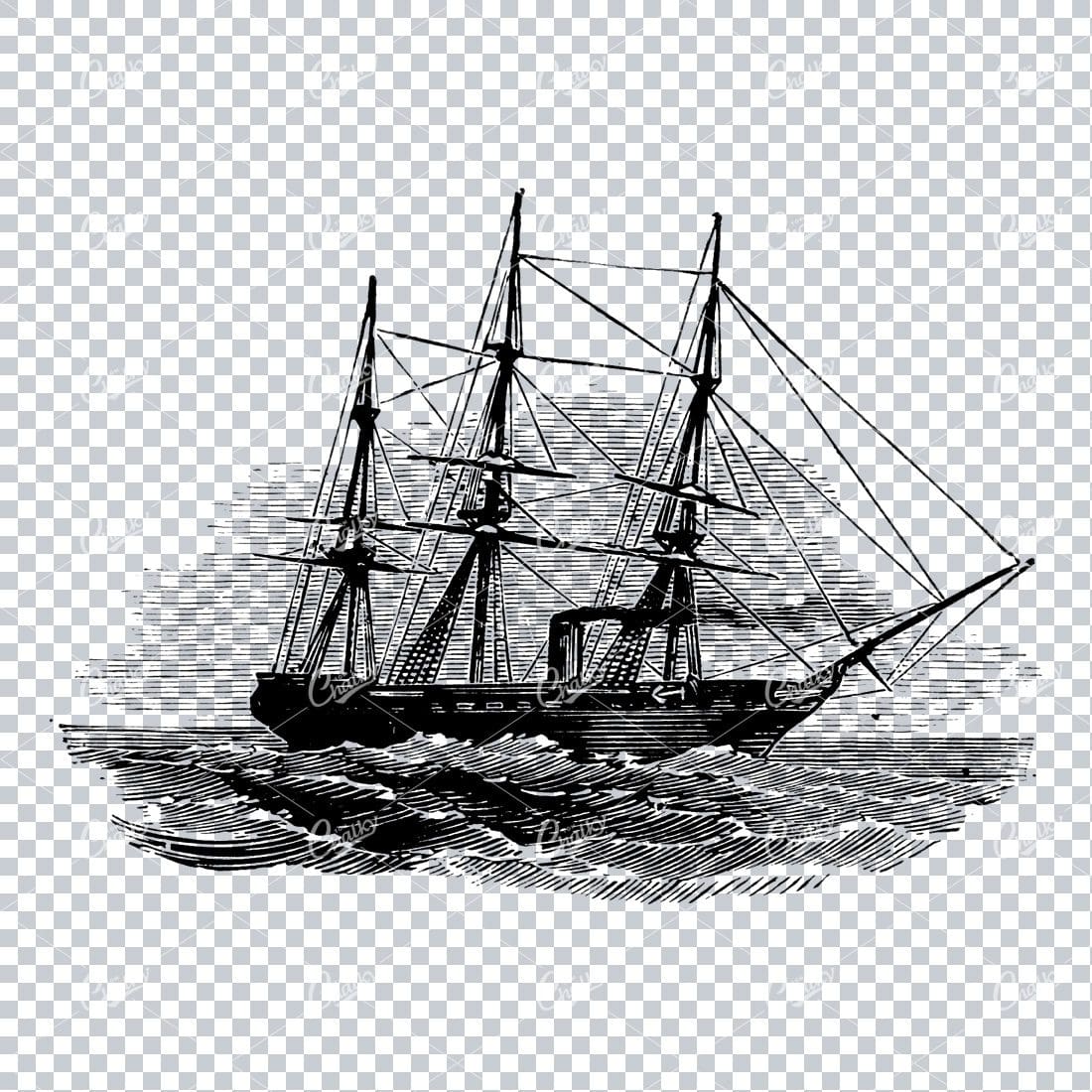 Detailed Illustration of an Old Ship Sailing the Sea No.11