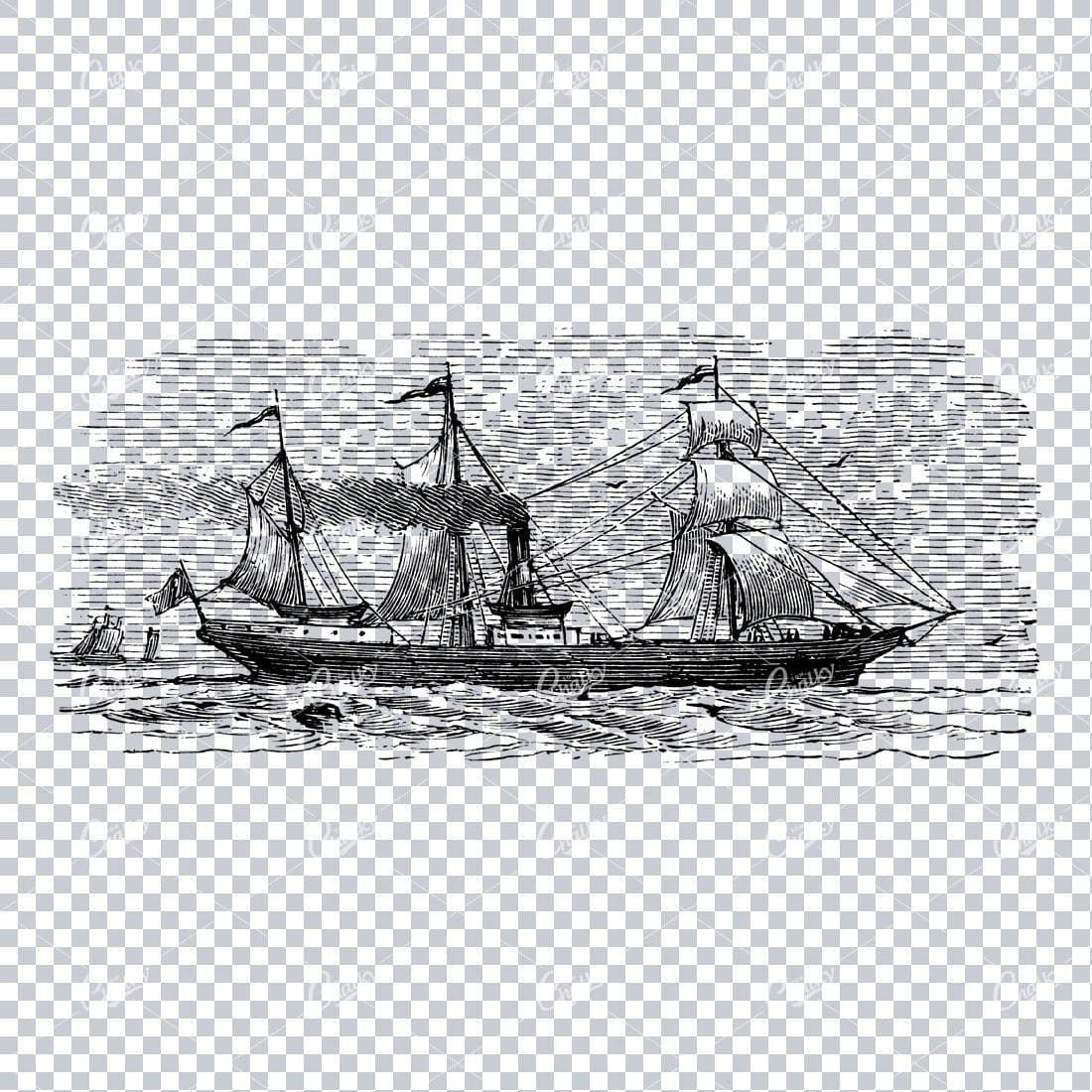 Detailed Illustration of an Old Ship Sailing the Sea No.12