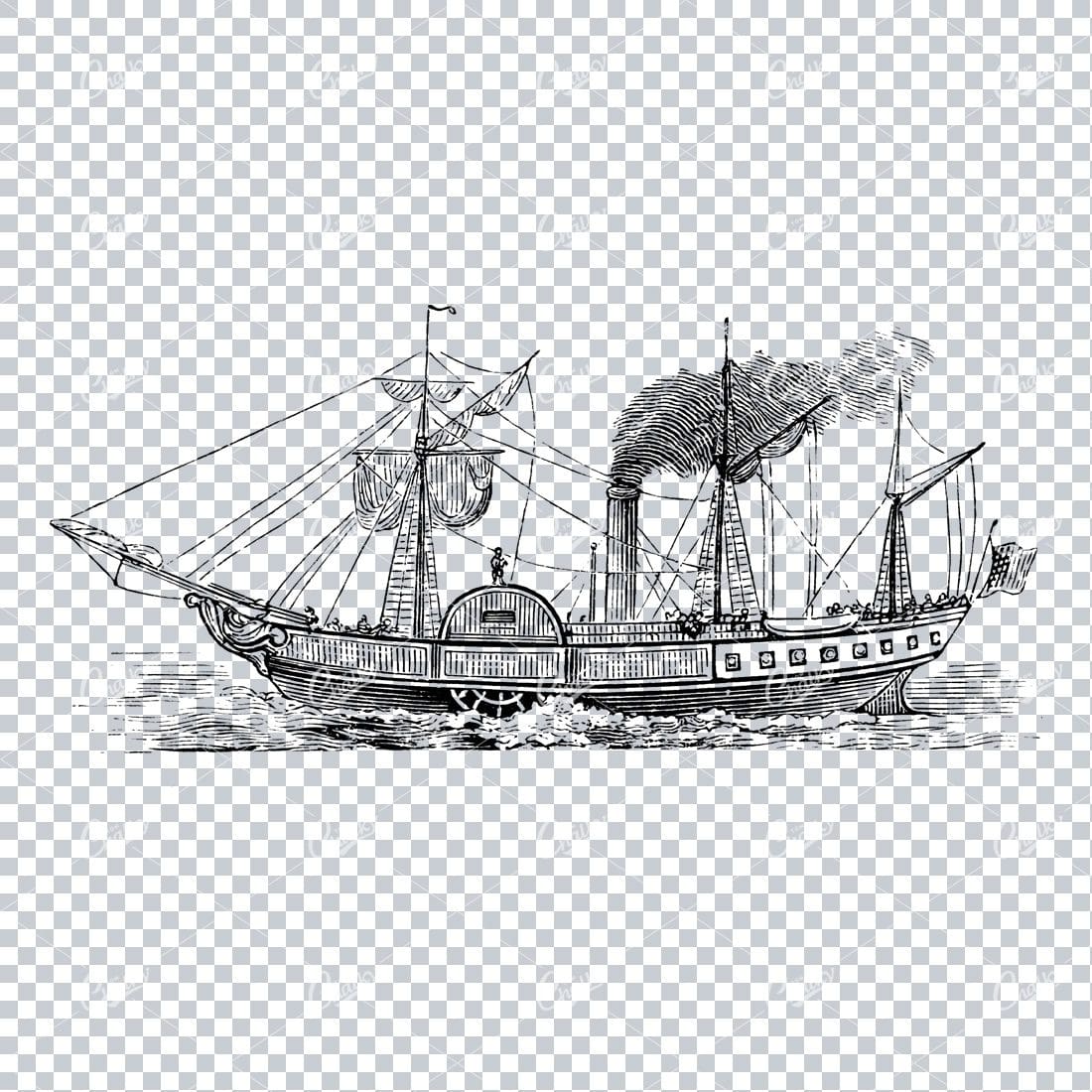 Detailed Illustration of an Old Ship Sailing the Sea No.14