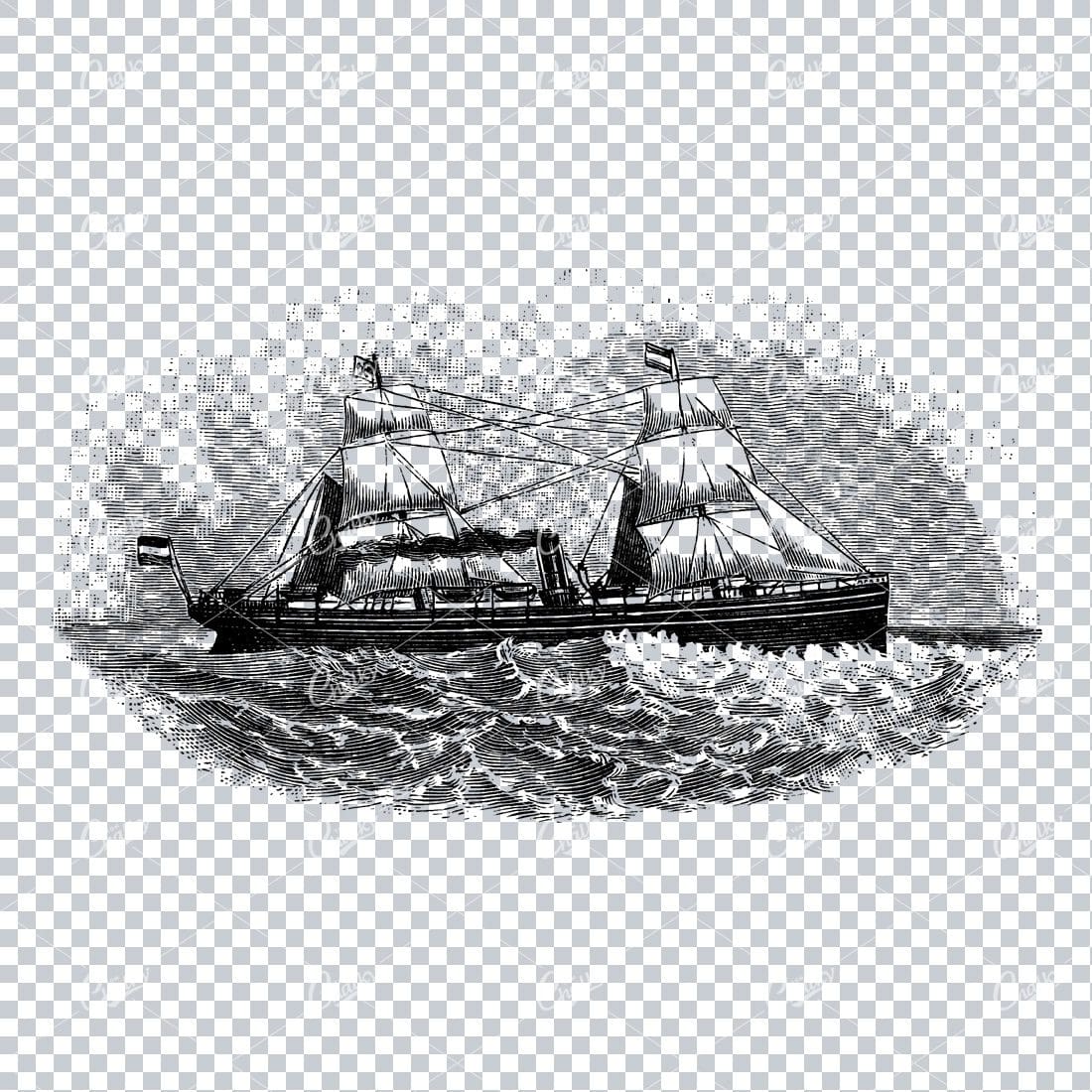 Detailed Illustration of an Old Ship Sailing the Sea No.15