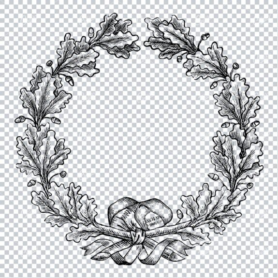 Vintage Botanical Illustration of a Oak Branch Wreath