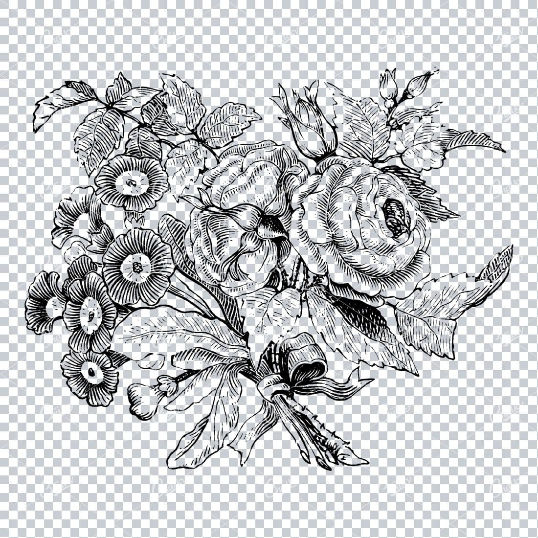 Antique Illustration of a Bouquet of Flowers Tied with a Bow