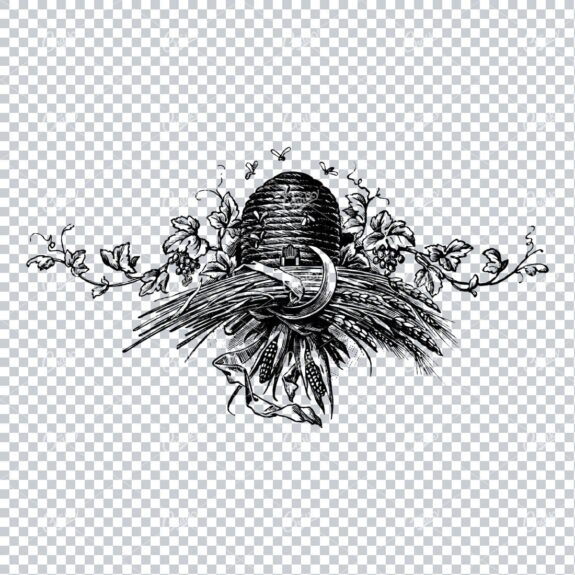 Farming / Agriculture Illustration of a Bee Hive with Grape Vine and Wheat