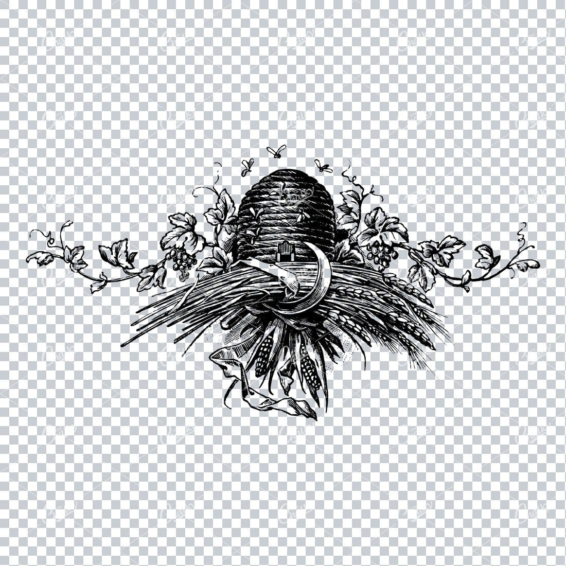 Farming / Agriculture Illustration of a Bee Hive with Grape Vine and Wheat
