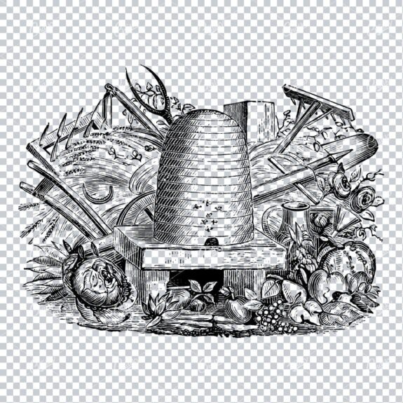 Farming / Agriculture Illustration of a Bee Hive and Tools No.1