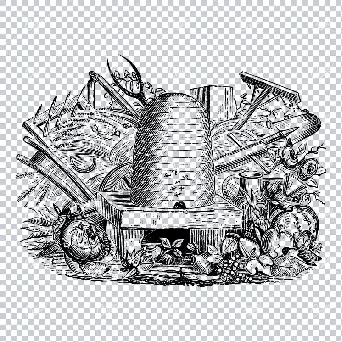 Farming / Agriculture Illustration of a Bee Hive and Tools No.1