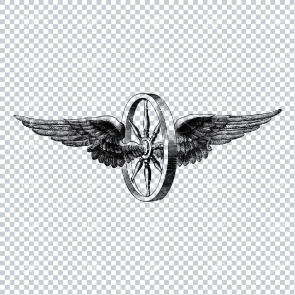 Detailed Line Art Illustration of a Wooden Wheel with Bird Wings
