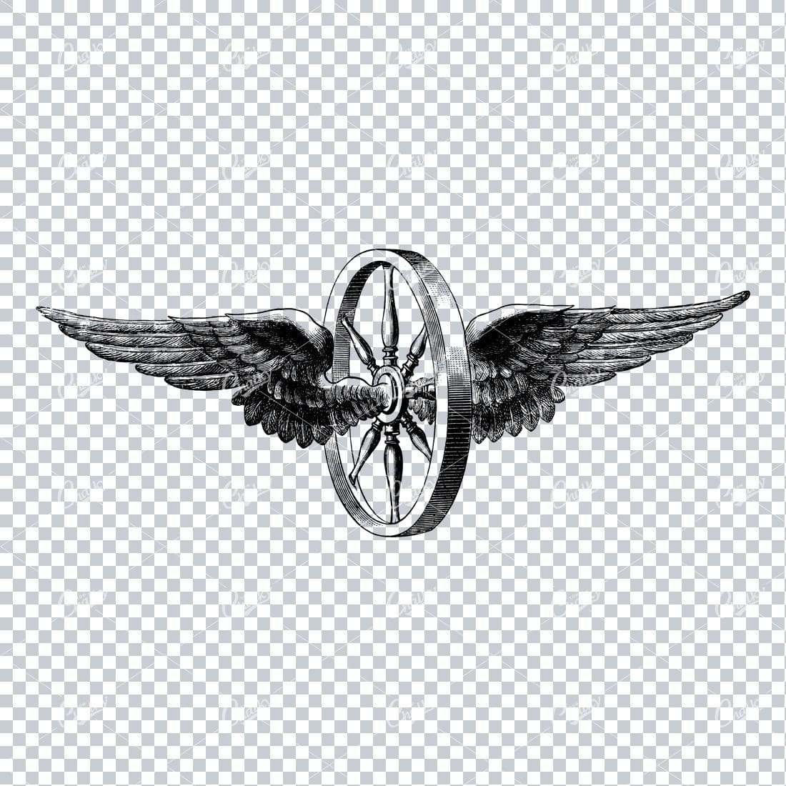 Detailed Line Art Illustration of a Wooden Wheel with Bird Wings