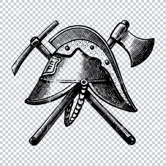 Line Art Illustration of a Helmet with Pick Axe and Axe Crossing in Background