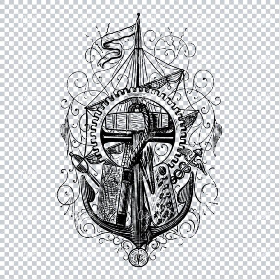 Nautical Themed Illustration with Sails, Anchor and Flourised Line Art