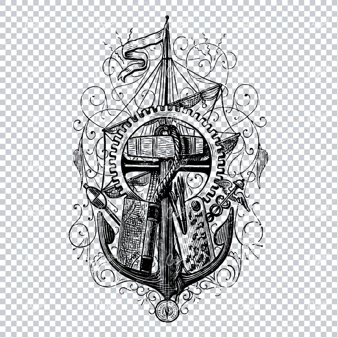 Nautical Themed Illustration with Sails, Anchor and Flourised Line Art