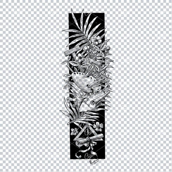Art and Design Banner with Pallete, Brushes, Paper, and Botanicals