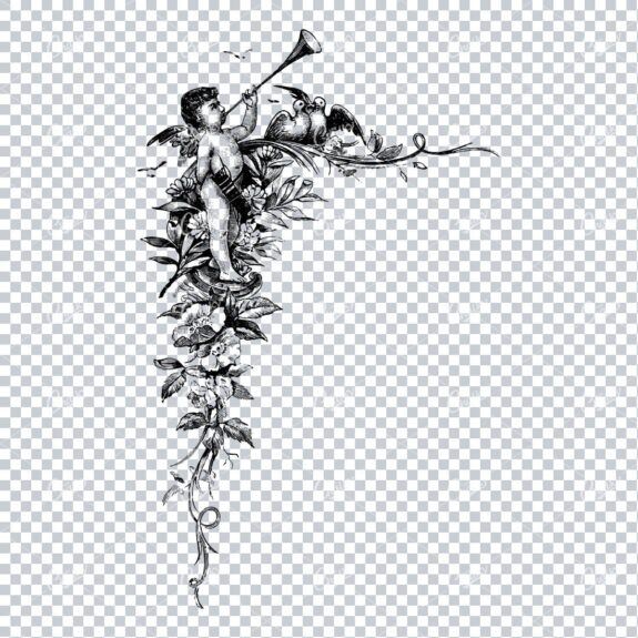 Cherub Blowing Trumpet with Birds and Corner Floral Border Piece