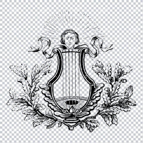 Vintage Harp with Oak Branches Illustration