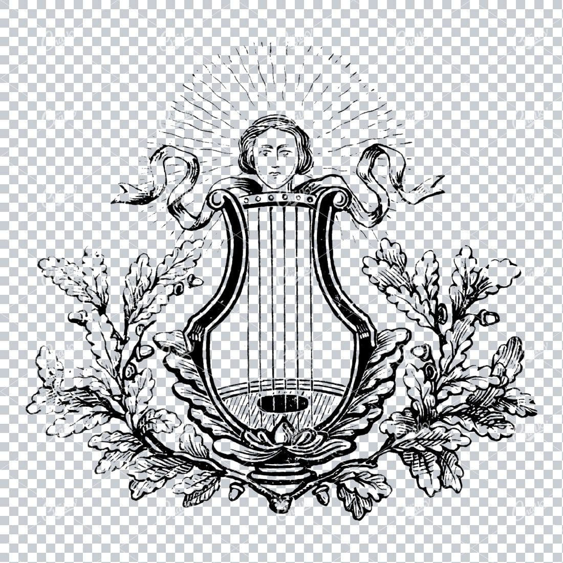 Vintage Harp with Oak Branches Illustration