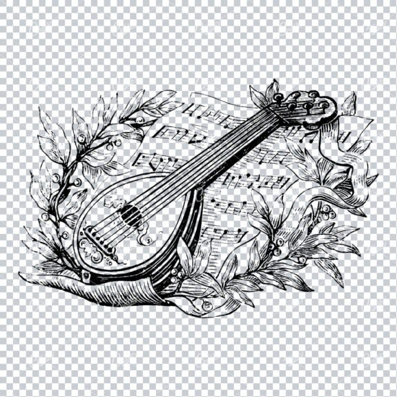 Guitar Laying on Sheet Music with Branches and Ribbon
