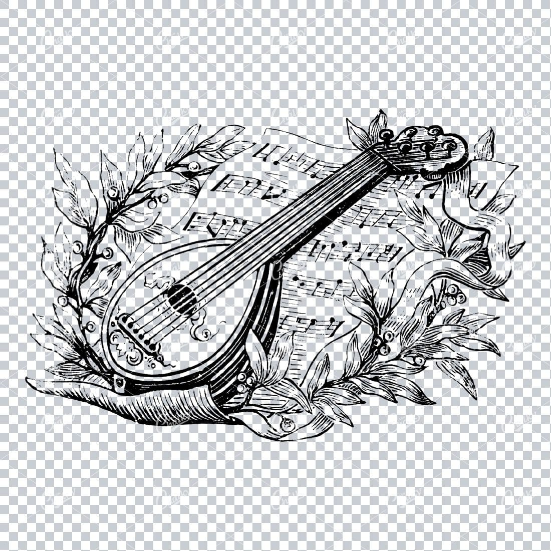 Guitar Laying on Sheet Music with Branches and Ribbon
