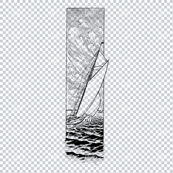 Column Design of Sail Boat on Water with Clouds and Wind