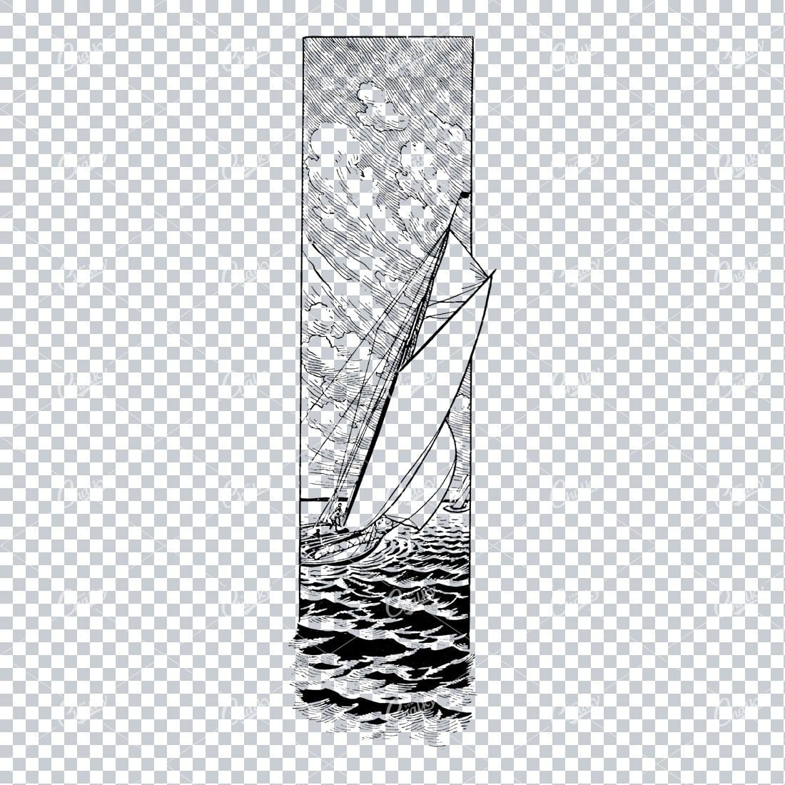 Column Design of Sail Boat on Water with Clouds and Wind