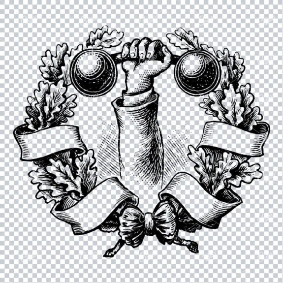 Vintage Line Art Illustration of an Art Holding Dumbbell inside Wreath