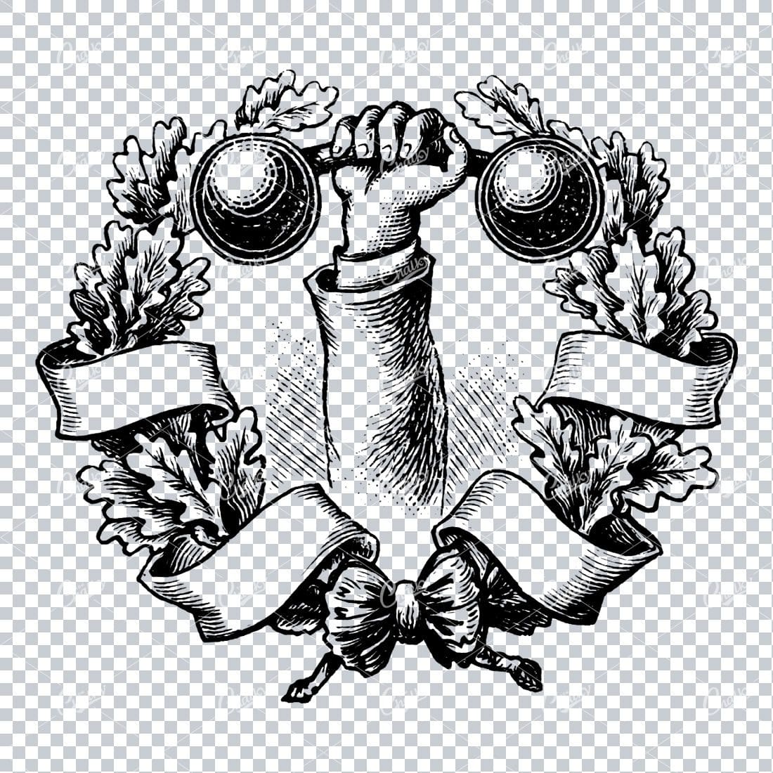 Vintage Line Art Illustration of an Art Holding Dumbbell inside Wreath