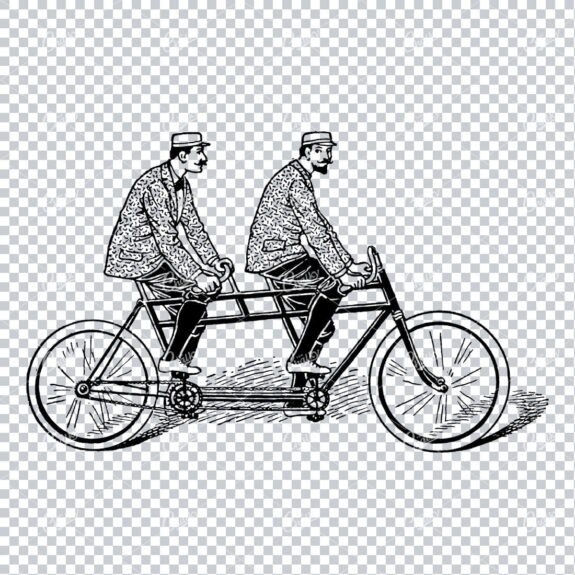 Men in Jackets and Moustaches Riding a Tandem Bicycle