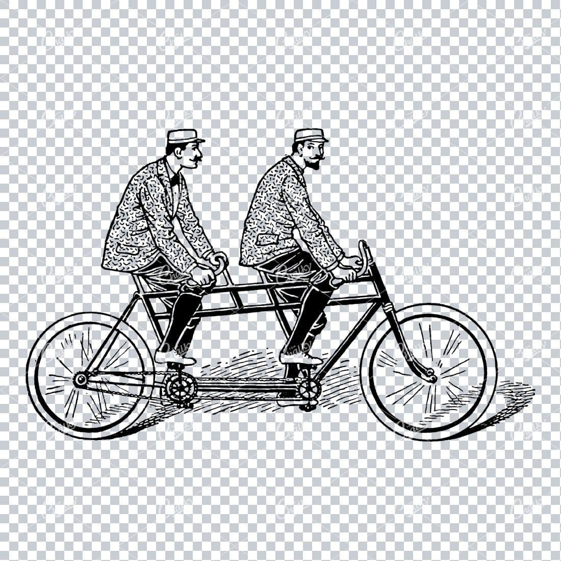 Men in Jackets and Moustaches Riding a Tandem Bicycle