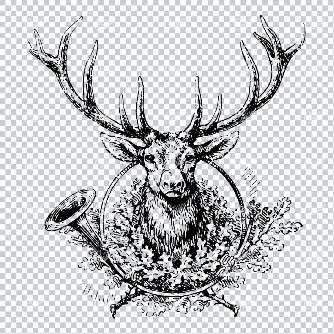 Vintage Line Art Illustration of a Stags Head inside Wreath