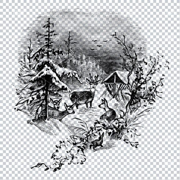 Vintage Illustration of a Christmas / Winter Scene with Deer, Trees and Cabin