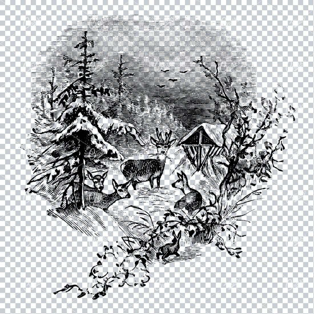Vintage Illustration of a Christmas / Winter Scene with Deer, Trees and Cabin