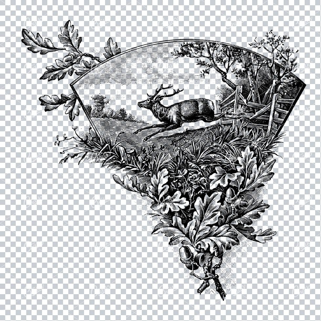 Vintage Nature Illustration with Oak Leaves and Stag Running in Field