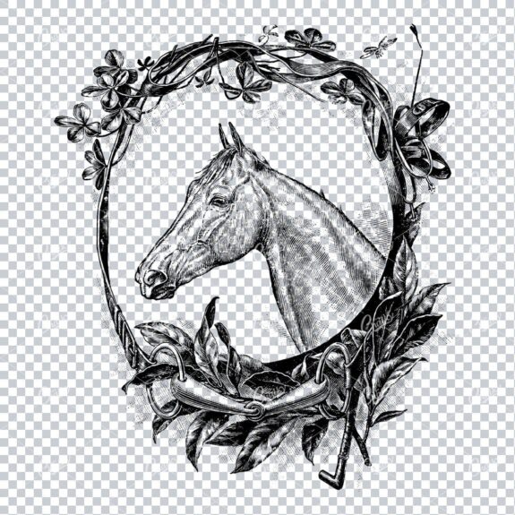 Illustration of a Horses Face inside Themed Wreath