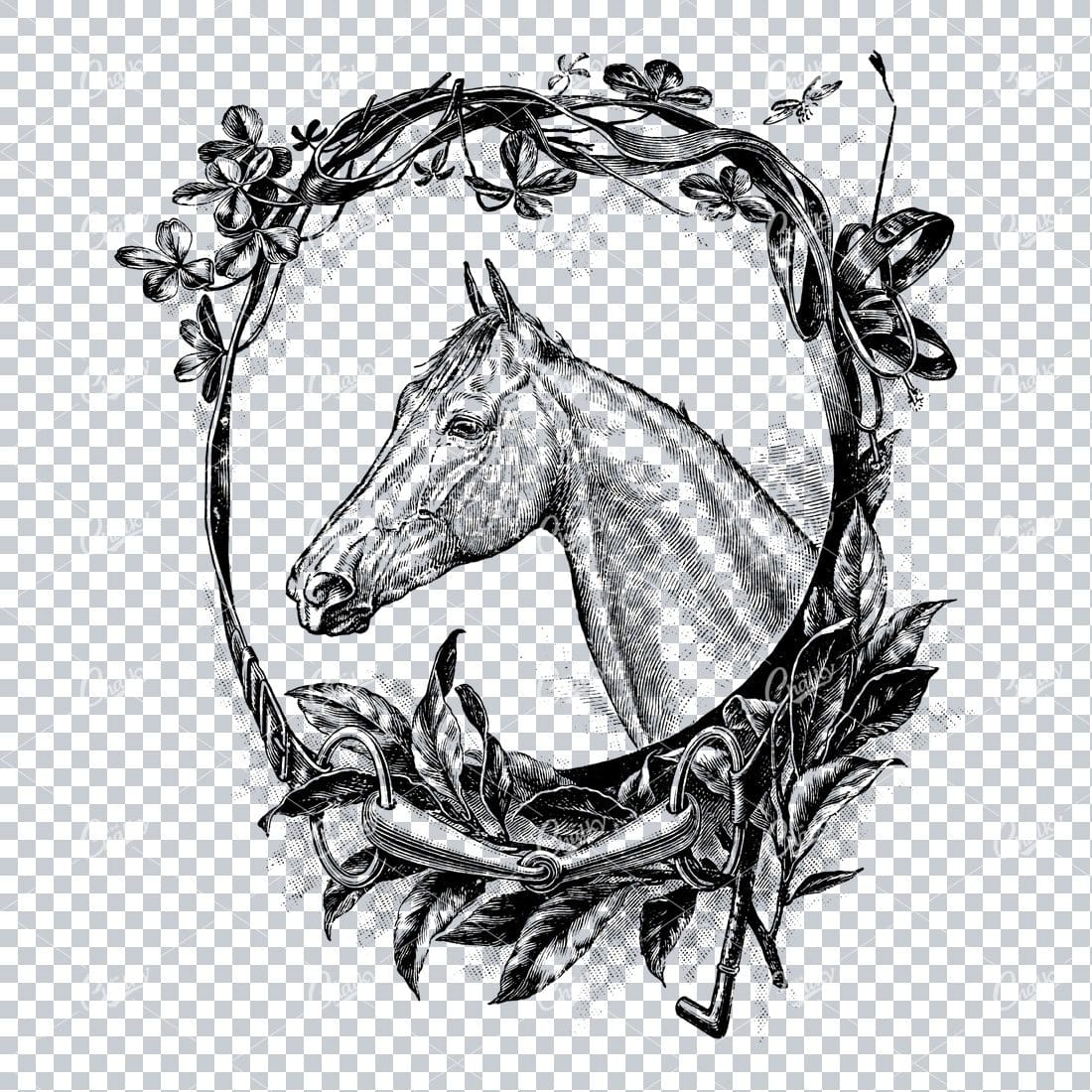 Illustration of a Horses Face inside Themed Wreath