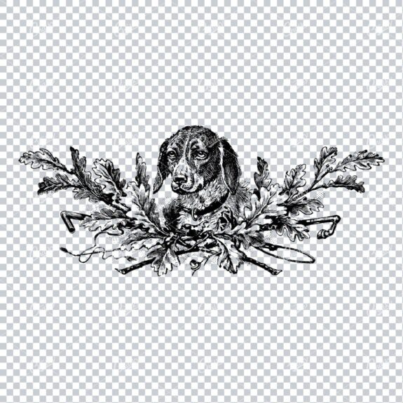 Decorative Illustration of a Dogs Face Behind Floral Wreath