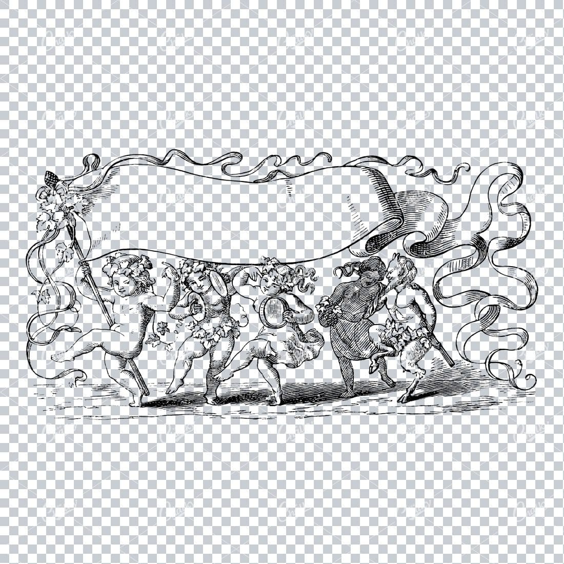 Man with Goat Legs (faun) and People Dancing under Ribbon / Banner