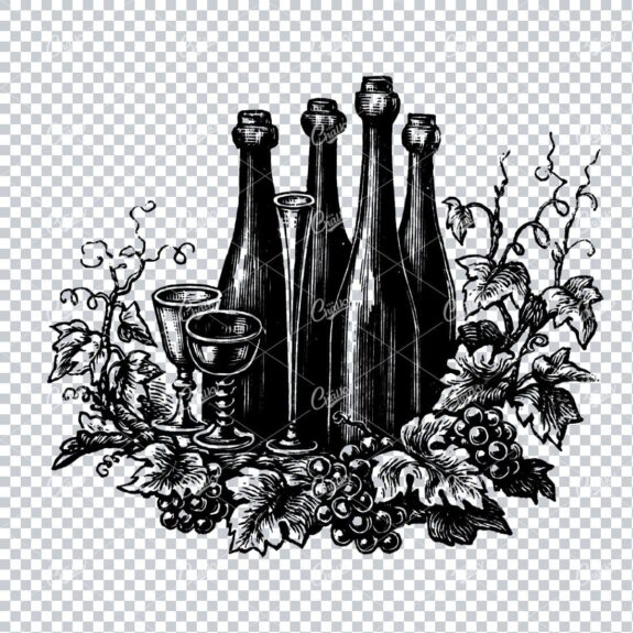 Vintage Illustration of Cottles of Wine atop a Grape Vine