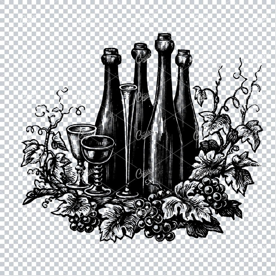 Vintage Illustration of Cottles of Wine atop a Grape Vine