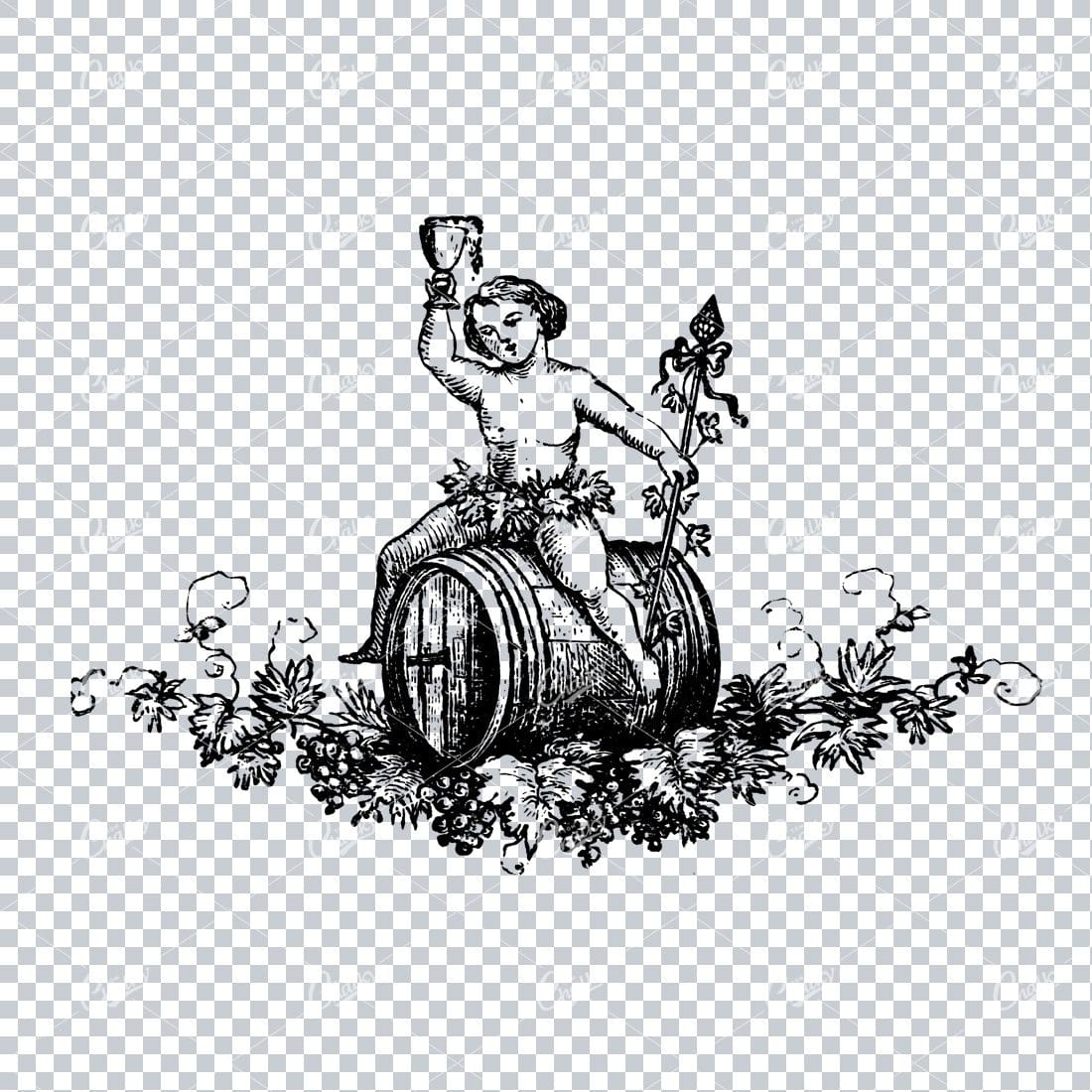 Vintage Line Art Illustration of Man Sitting on top of Beer Barrel