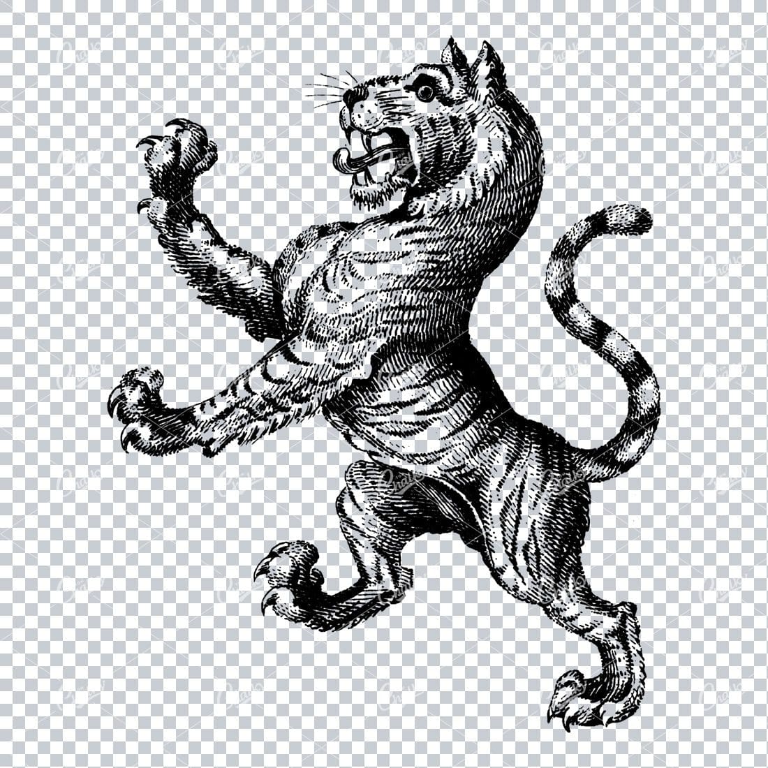 Heraldry Line Art Illustration of a Standing Tiger No.1