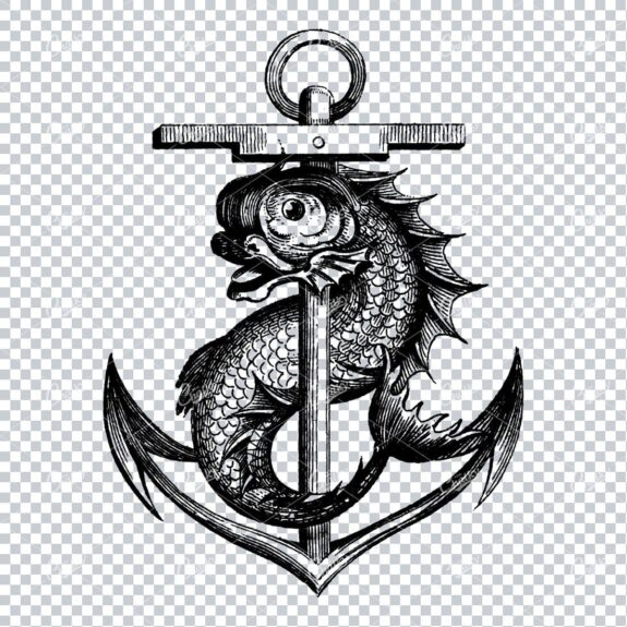 Heraldic Illustration of a Fish Wrapped Around an Anchor