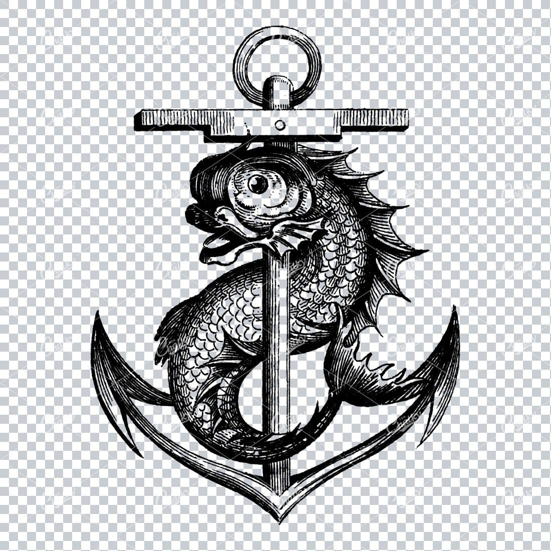 Heraldic Illustration of a Fish Wrapped Around an Anchor