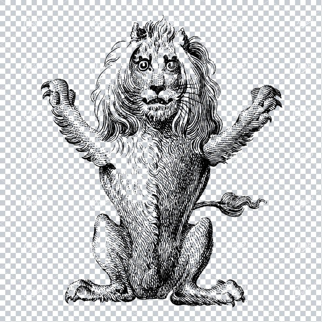 Heraldry Illustration of a Forward Facing Lion with Arms Out