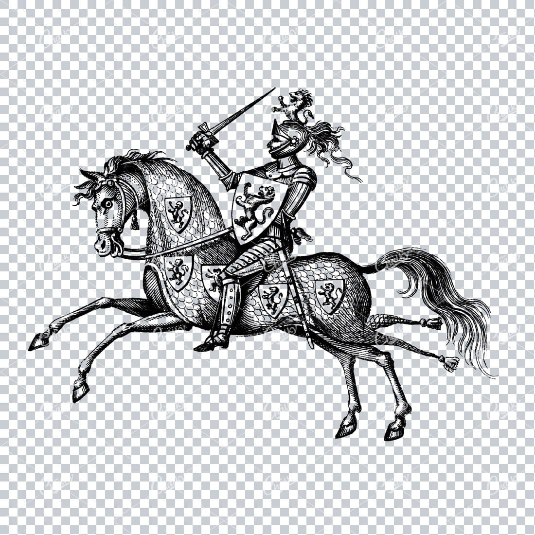 Handcrafted Engraving Illustration of a Knight Riding a Horse