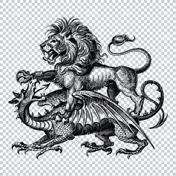 Vintage Heraldry Artwork - Lion Fighting a Dragon