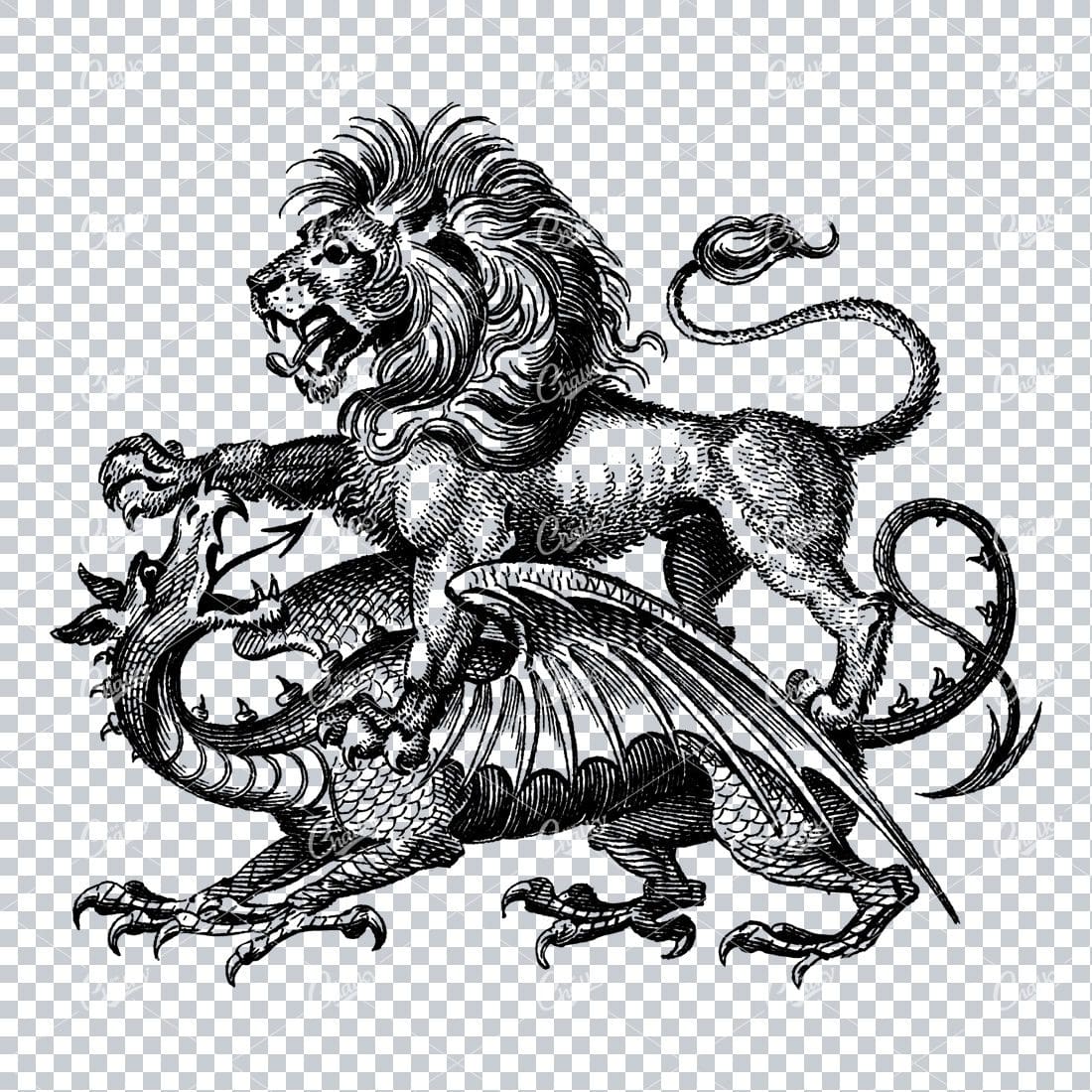 Vintage Heraldry Artwork - Lion Fighting a Dragon